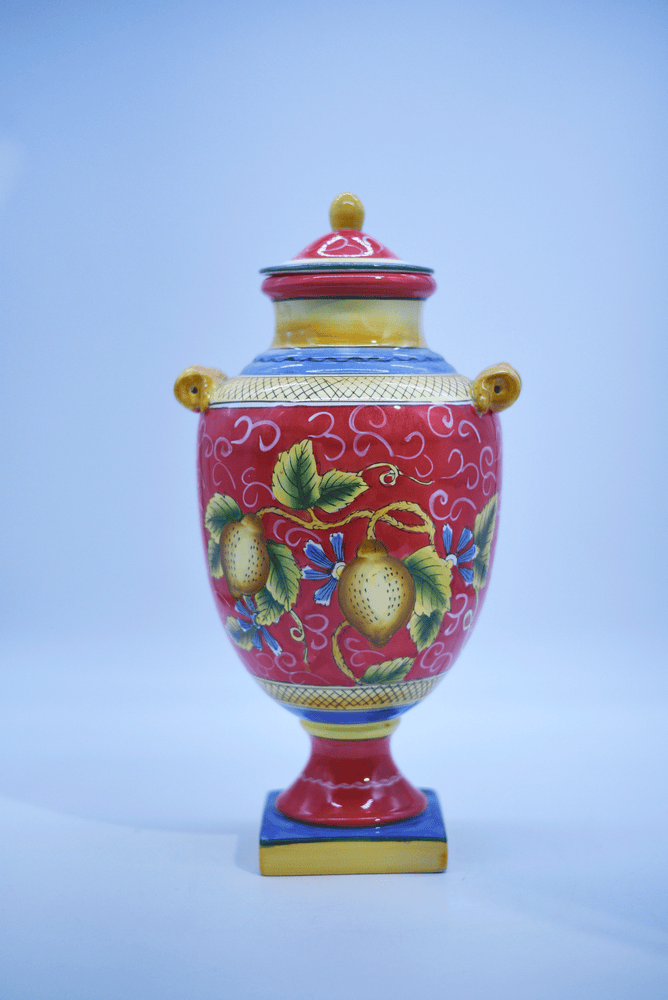 Vintage Italian Style Ceramic Lidded Urn with Painted Pears