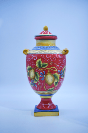 Vintage Italian Style Ceramic Lidded Urn with Painted Pears