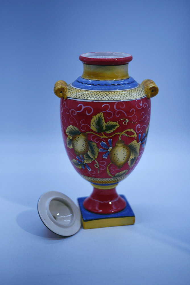 Vintage Italian Style Ceramic Lidded Urn with Painted Pears