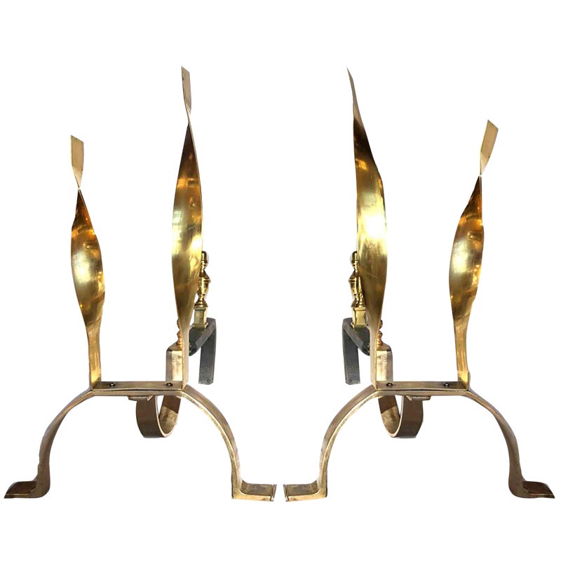 Mid-Century Flame Motif Andirons - a Pair