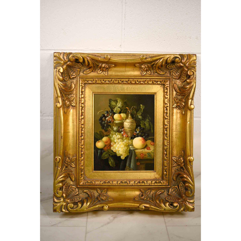 Vintage Still Life Oil on Board Grapes Peach Carafe Painting in Gilt Frame Signed