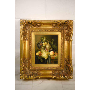 Vintage Still Life Oil on Board Grapes Peach Carafe Painting in Gilt Frame Signed