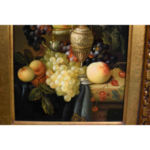 Vintage Still Life Oil on Board Grapes Peach Carafe Painting in Gilt Frame Signed