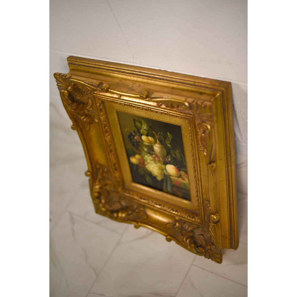 Vintage Still Life Oil on Board Grapes Peach Carafe Painting in Gilt Frame Signed