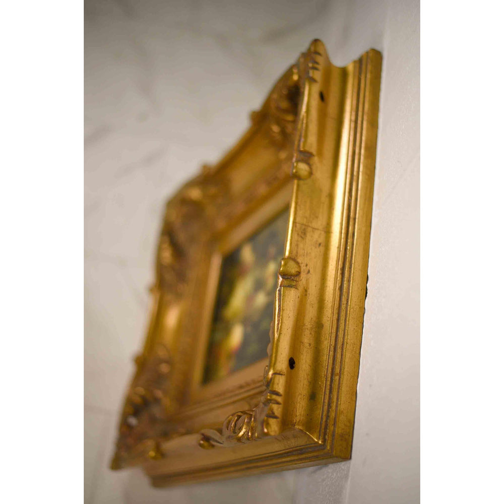 Vintage Still Life Oil on Board Grapes Peach Carafe Painting in Gilt Frame Signed