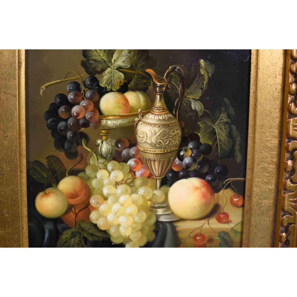Vintage Still Life Oil on Board Grapes Peach Carafe Painting in Gilt Frame Signed