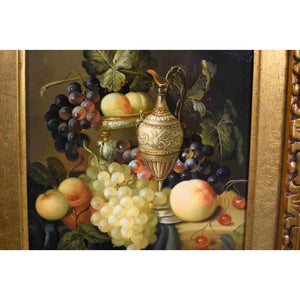 Vintage Still Life Oil on Board Grapes Peach Carafe Painting in Gilt Frame Signed