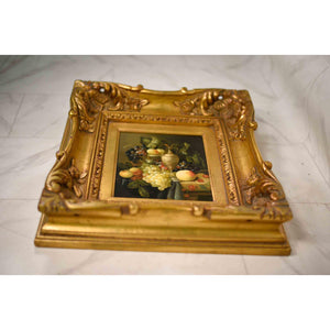Vintage Still Life Oil on Board Grapes Peach Carafe Painting in Gilt Frame Signed
