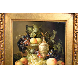 Vintage Still Life Oil on Board Grapes Peach Carafe Painting in Gilt Frame Signed
