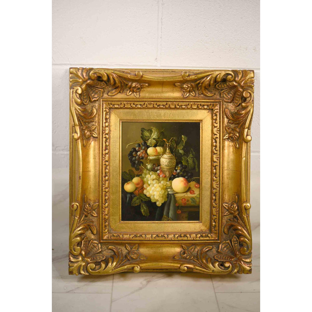 Vintage Still Life Oil on Board Grapes Peach Carafe Painting in Gilt Frame Signed