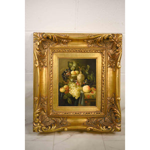Vintage Still Life Oil on Board Grapes Peach Carafe Painting in Gilt Frame Signed