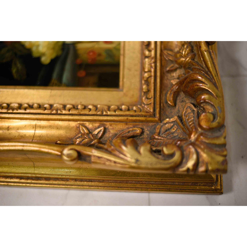 Vintage Still Life Oil on Board Grapes Peach Carafe Painting in Gilt Frame Signed