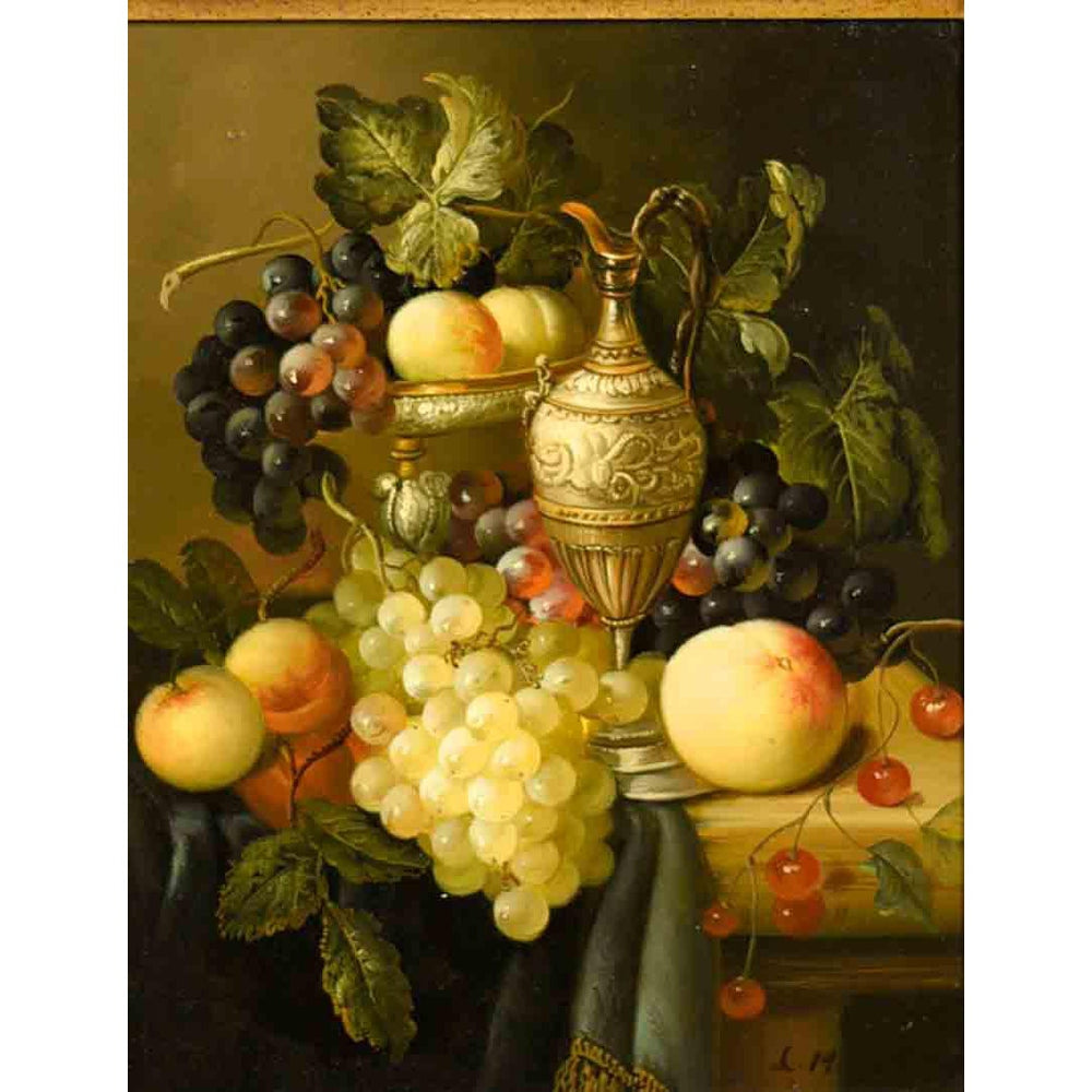 Vintage Still Life Oil on Board Grapes Peach Carafe Painting in Gilt Frame Signed