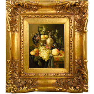 Vintage Still Life Oil on Board Grapes Peach Carafe Painting in Gilt Frame Signed